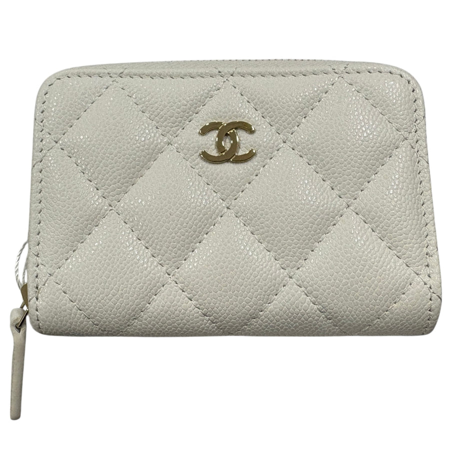 CHANEL 香奈兒 零錢包 荔枝牛皮 白色 金釦