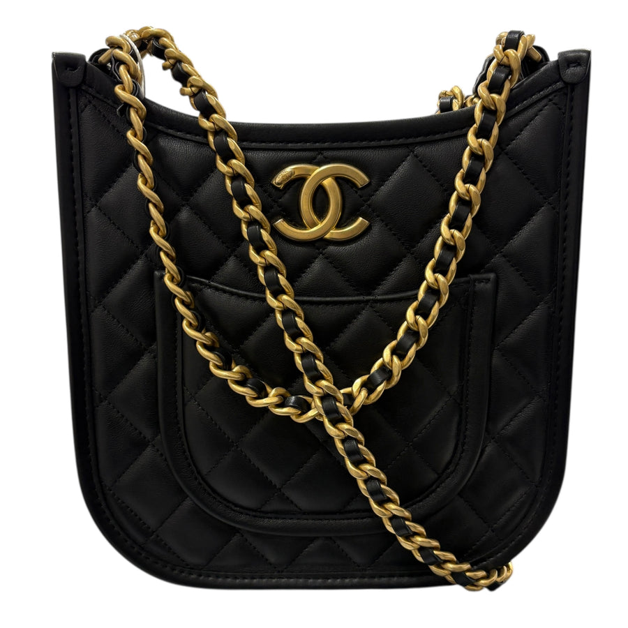 CHANEL 香奈兒 AS5432 2024S HOBO 鏈條肩背包 皮革 黑色 金釦