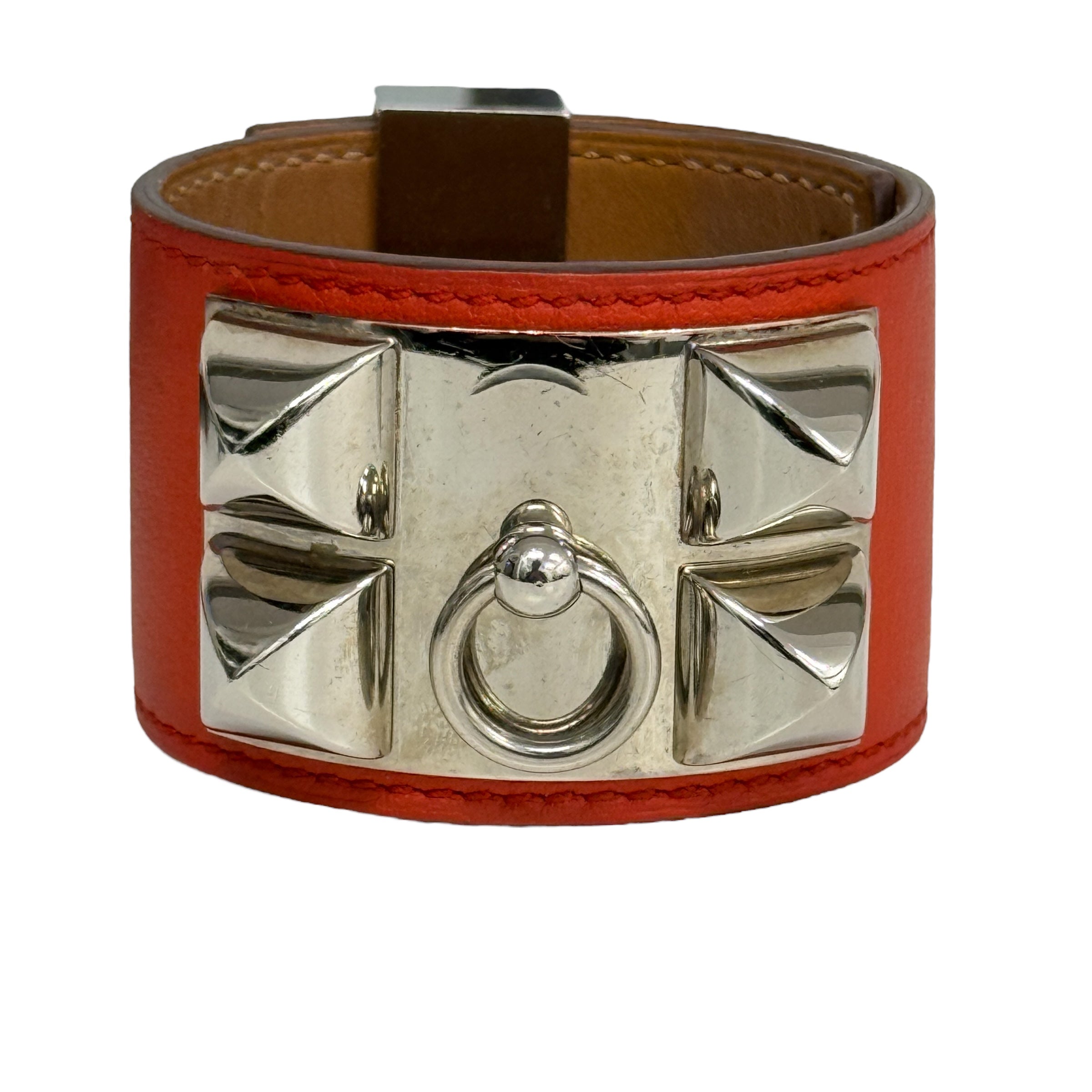 HERMES Collier de Chien CDC 手鐲 🆀刻 皮革 鉚釘  SIZE:S 紅色 銀色