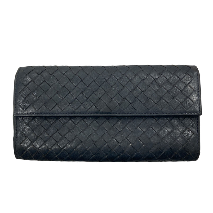 BOTTEGA VENETA 寶緹嘉 INTRECCIATO 細皮革編織 皮革 長夾 深藍色