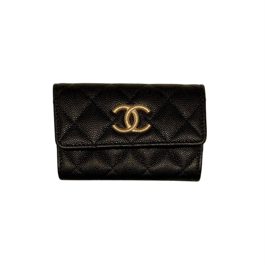 CHANEL 香奈兒 翻蓋卡片錢包 荔枝牛皮 黑色 金釦