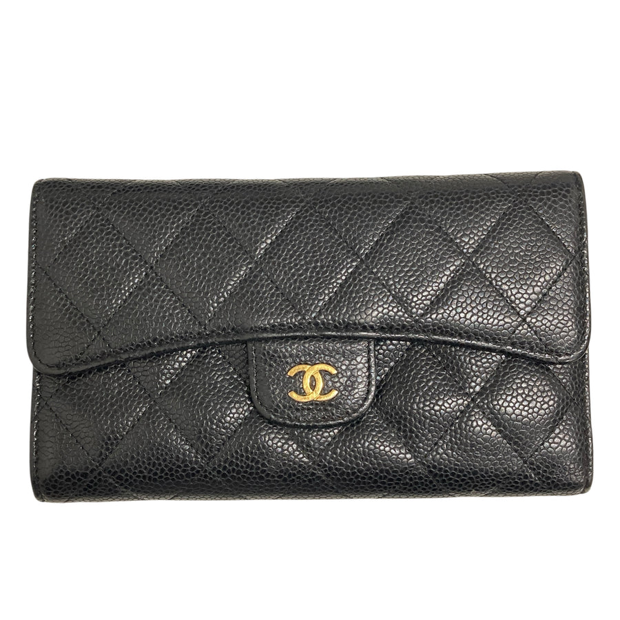 CHANEL 黑菱格長夾 荔枝紋牛皮