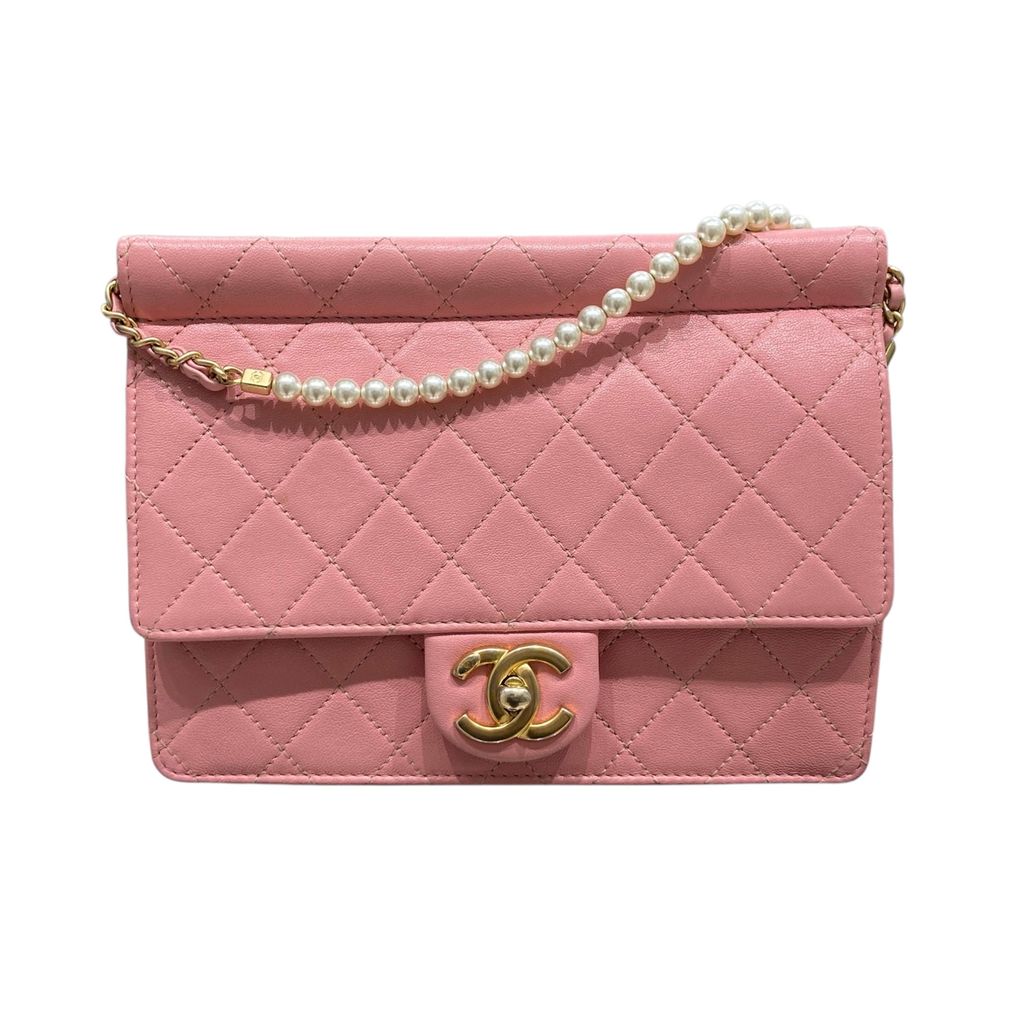CHANEL 香奈兒 PEARL CHAIN FLAP BAG 珍珠鏈條口蓋包 山羊皮 櫻花粉 金釦