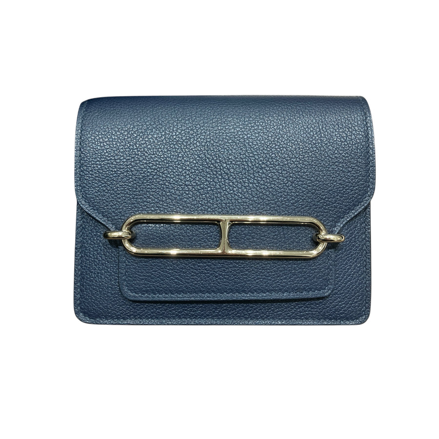 HERMÈS 愛馬仕 U刻 ROULIS SLIM 豬鼻子短夾 牛皮 深藍色 銀釦
