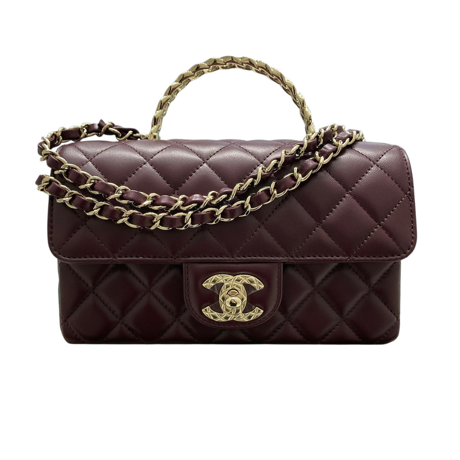 CHANEL 香奈兒 TOP HANDLE FLAP BAG MINI CF手提鑽把斜背包迷你 小羊皮 酒紫色 淺金釦