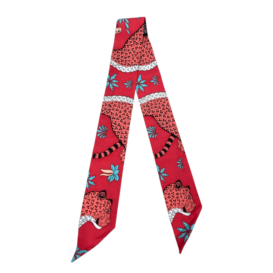 HERMÈS 愛馬仕 CHRISTIANE VAUZELLES LES LEOPARDS TWILLY 絲巾 斜紋真絲 紅色