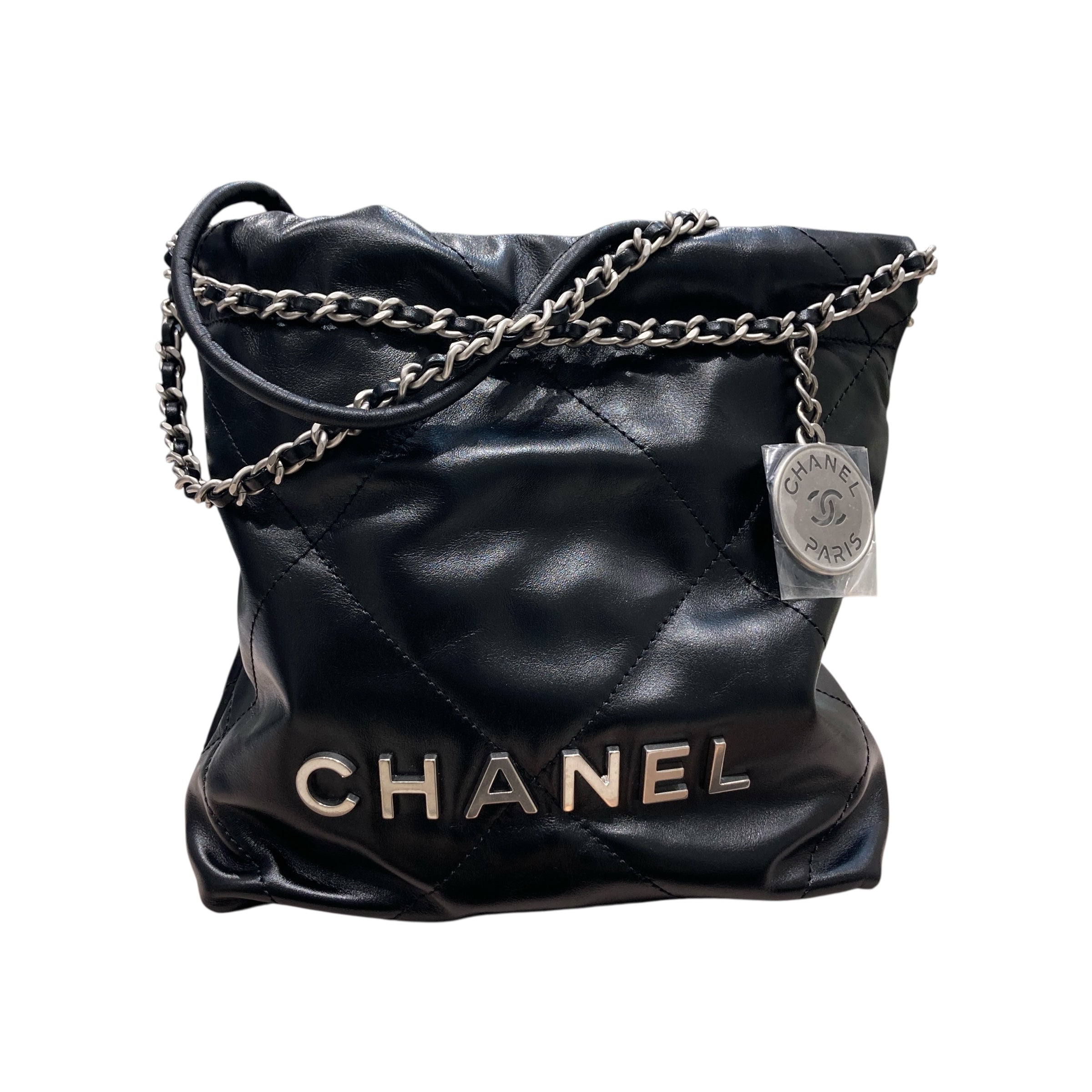 CHANEL 香奈兒 22 MINI 流浪側背包 亮面小牛皮 黑色 銀釦