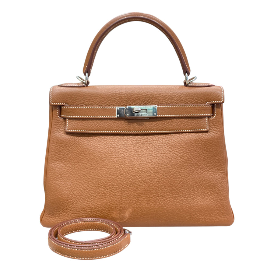 HERMES 愛馬仕 K刻 KELLY28 皮革 金棕色 銀釦
