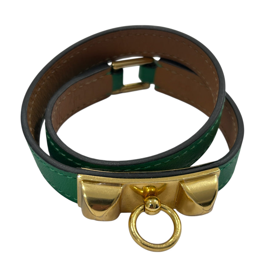 HERMES COLLIER DE CHIEN 手環 金色金屬 / 綠色皮革