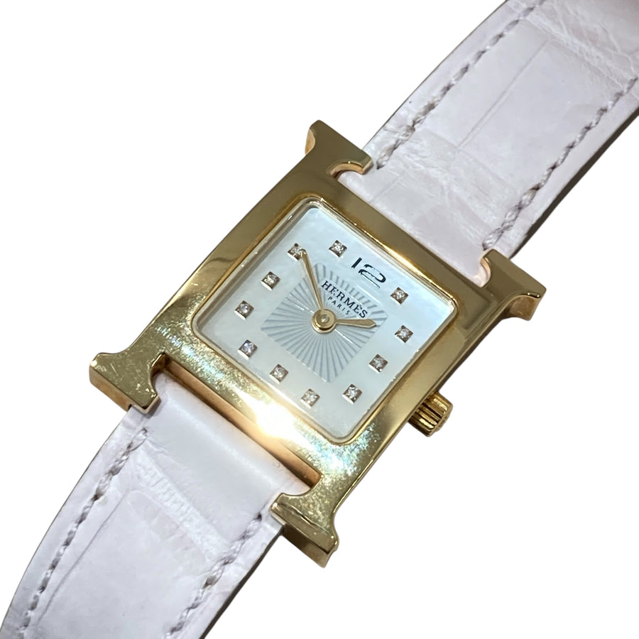 HERMES 愛馬仕 HH1.202 HEURE H 珍珠貝母鑽石鍍金手石英錶 不鏽鋼 石英錶