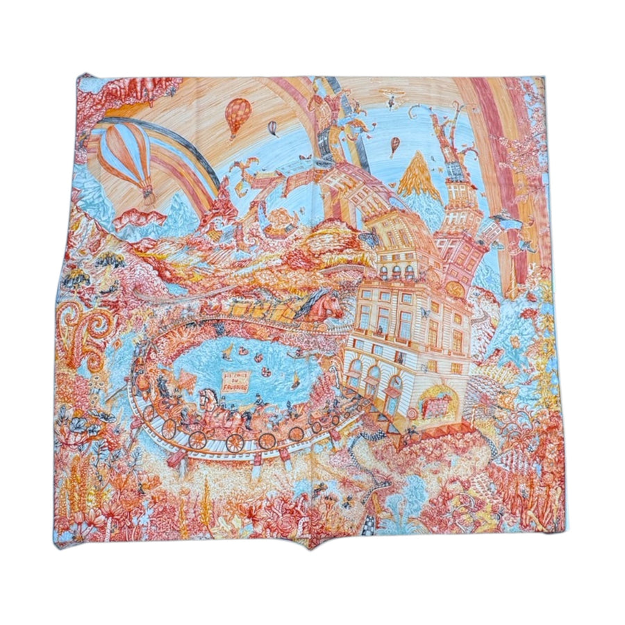 HERMES Les Folies du Faubourg  絲巾 絲綢 橘色 熱氣球圖案