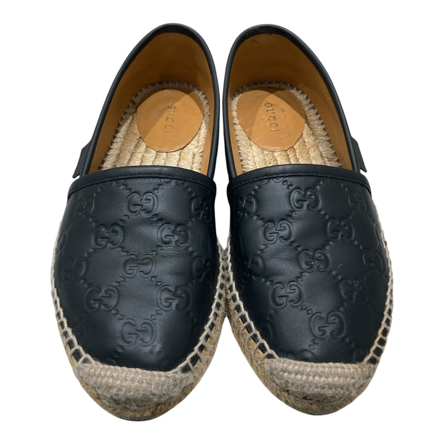 GUCCI 古馳 454703 SIGNATURE SHOES 黑色皮革草編漁夫鞋 SIZE 35 1/2