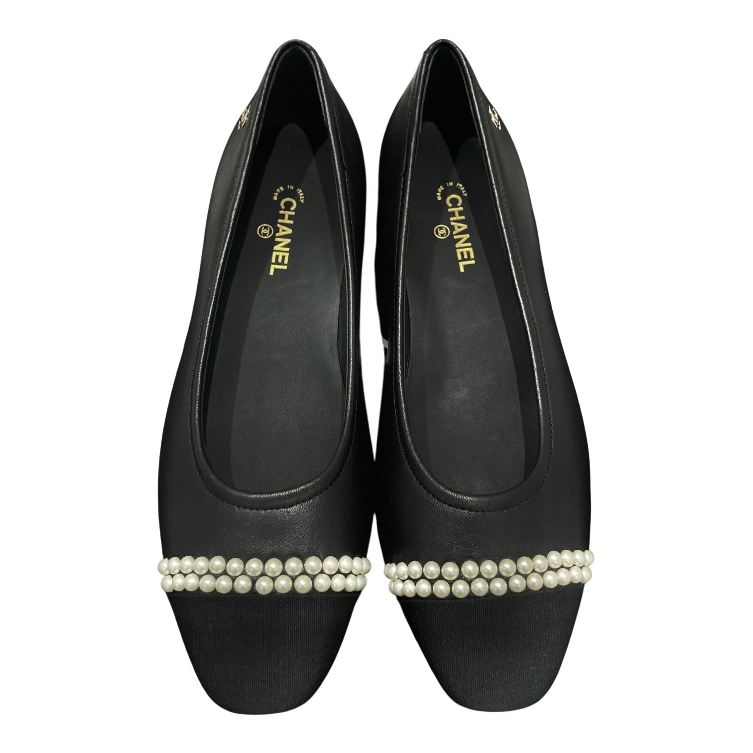 CHANEL 香奈兒 G35403 PEARL EMBELLISHED LEATHER PUMPS 珍珠皮革平底鞋 黑色 銀釦