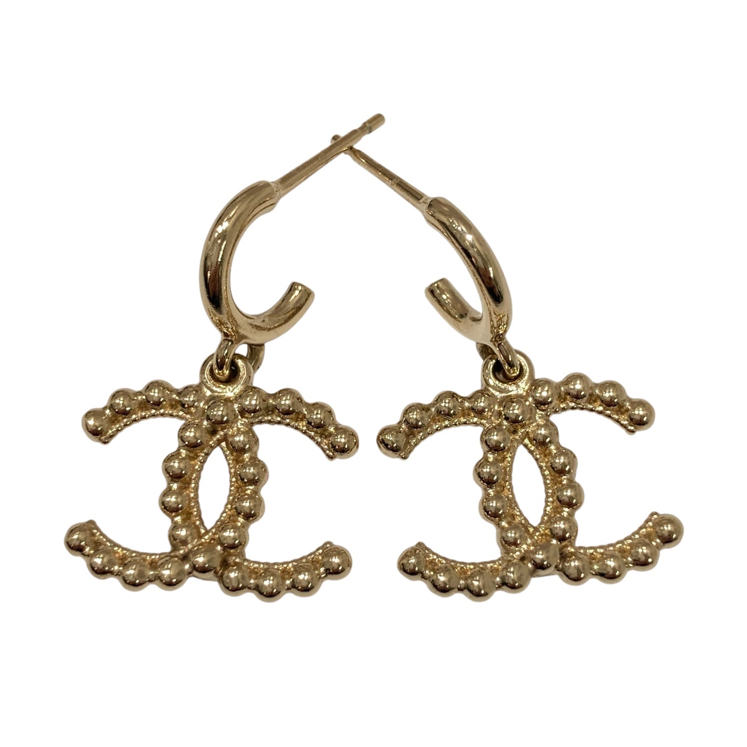 CHANEL 香奈兒 AB7783 CC LOGO BEADED DROP HOOP EARRINGS 雙C圓珠吊墜耳環 合金 米金色