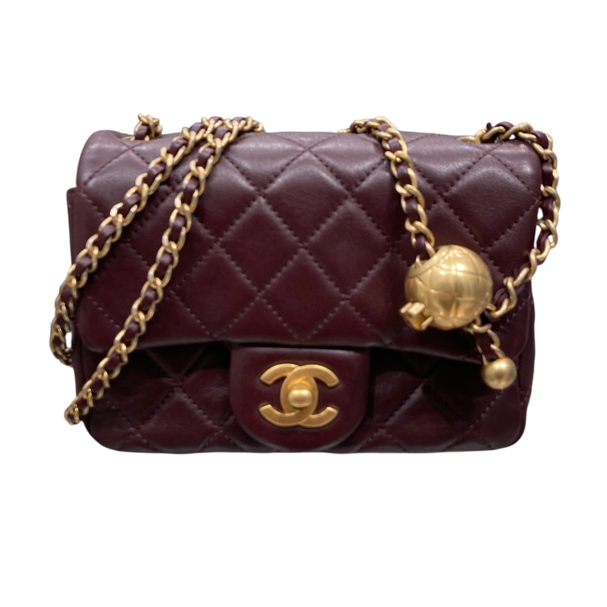 CHANEL 香奈兒 MATELASSE MINI 金球方胖子 羊皮 酒紅色 金釦