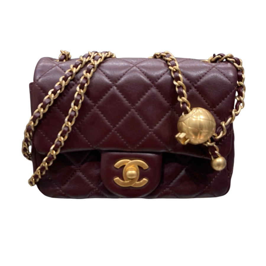 CHANEL 香奈兒 MATELASSE MINI 金球方胖子 羊皮 酒紅色 金釦