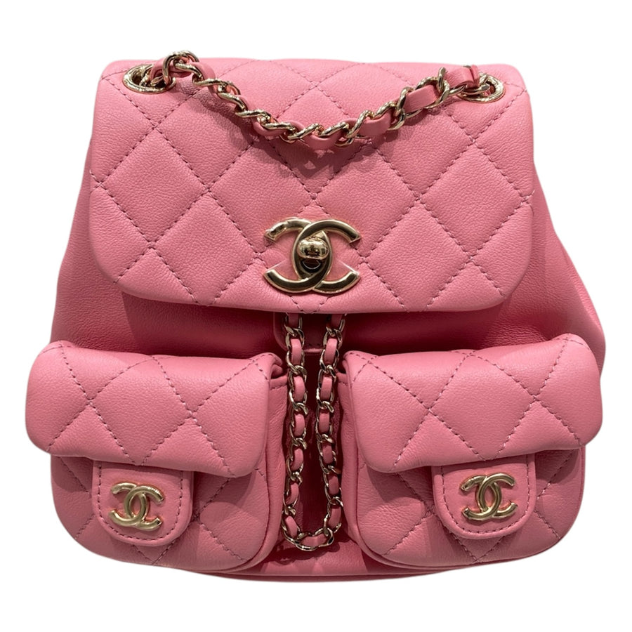 CHANEL 香奈兒 DUMA 後背包 皮革 粉色 金釦