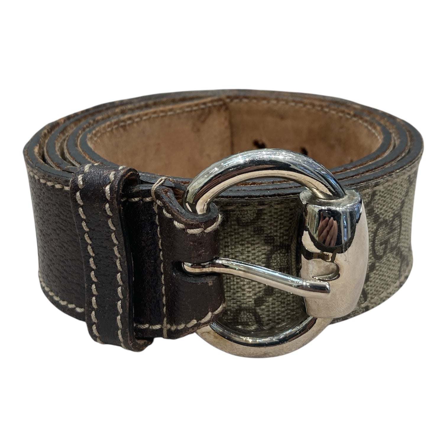 GUCCI 古馳 162942 皮帶 PVC帆布 老花 棕色 金釦