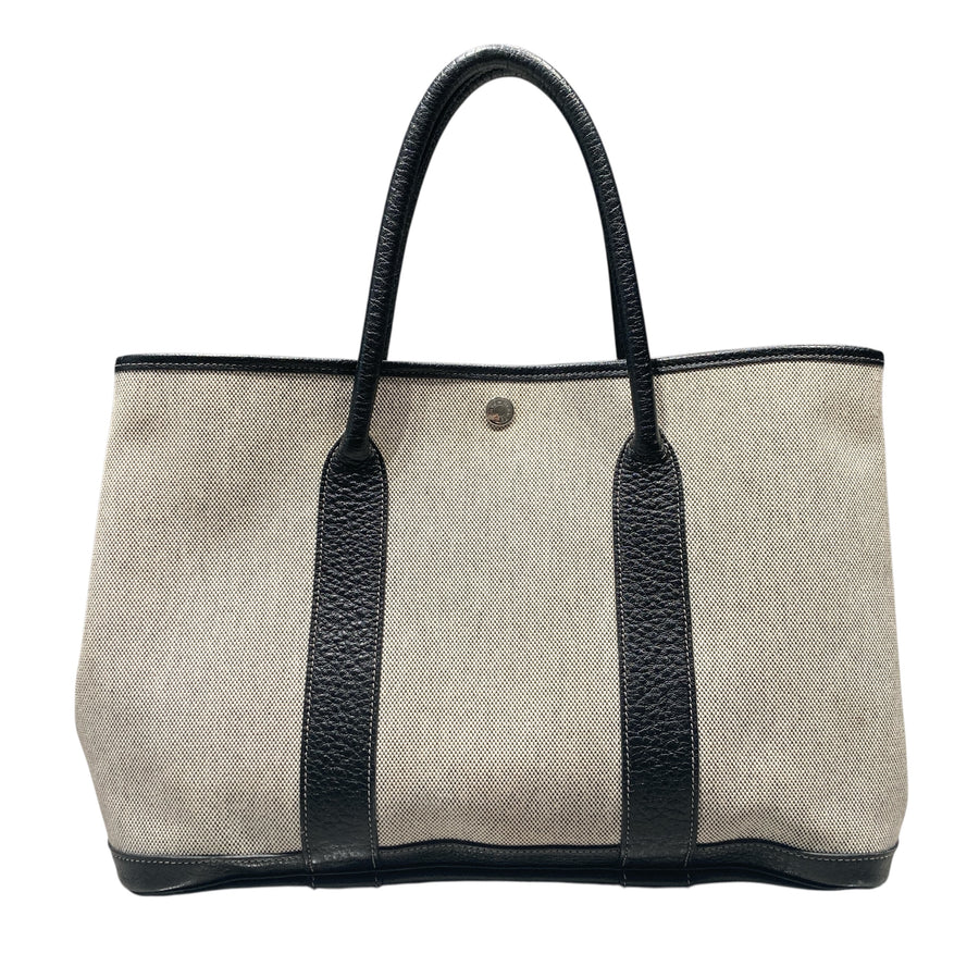 HERMES 愛馬仕 GARDEN PARTY36 黑白色 帆布 銀釦