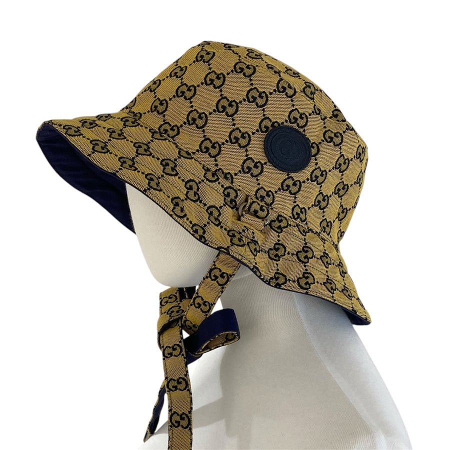 GUCCI 古馳 653857  GG帆布雙面抽繩漁夫帽 帆布 黃/藍色 老花 L碼