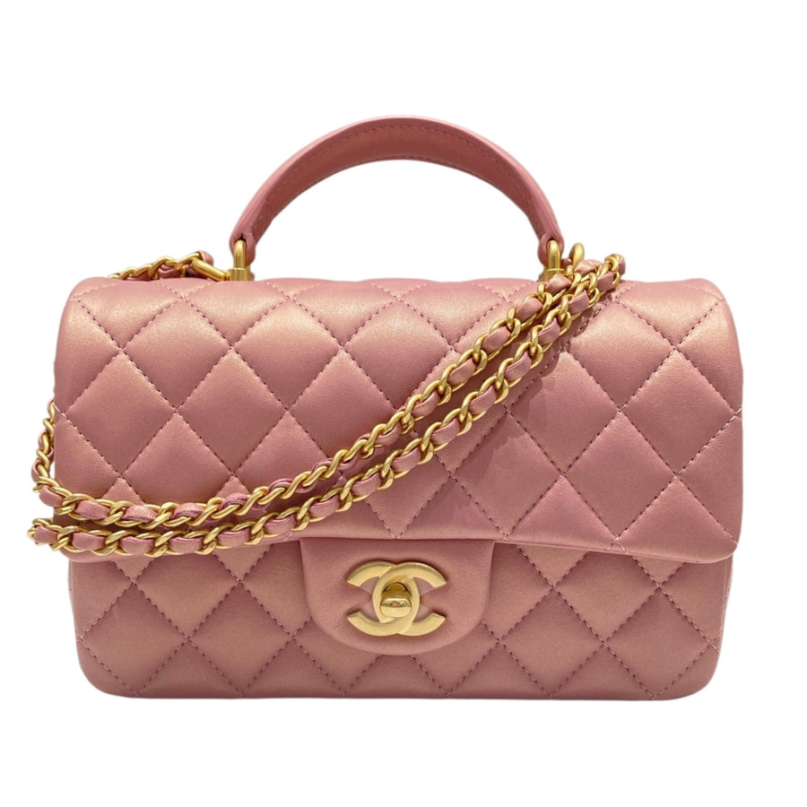 CHANEL 香奈兒 21S CF20 RECTANGULAR FLAP BAG WITH TOP HANDLE MINI 珠光粉色迷你翻蓋包 羊皮 粉色 金釦