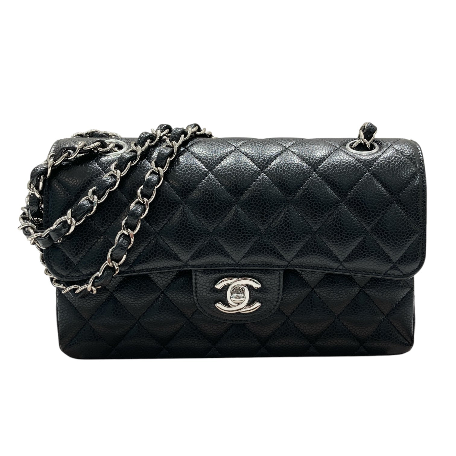 CHANEL 香奈兒 A01113 SMALL CLASSIC FLAP BAG 23 翻蓋肩背包 荔枝牛皮 黑色 銀釦