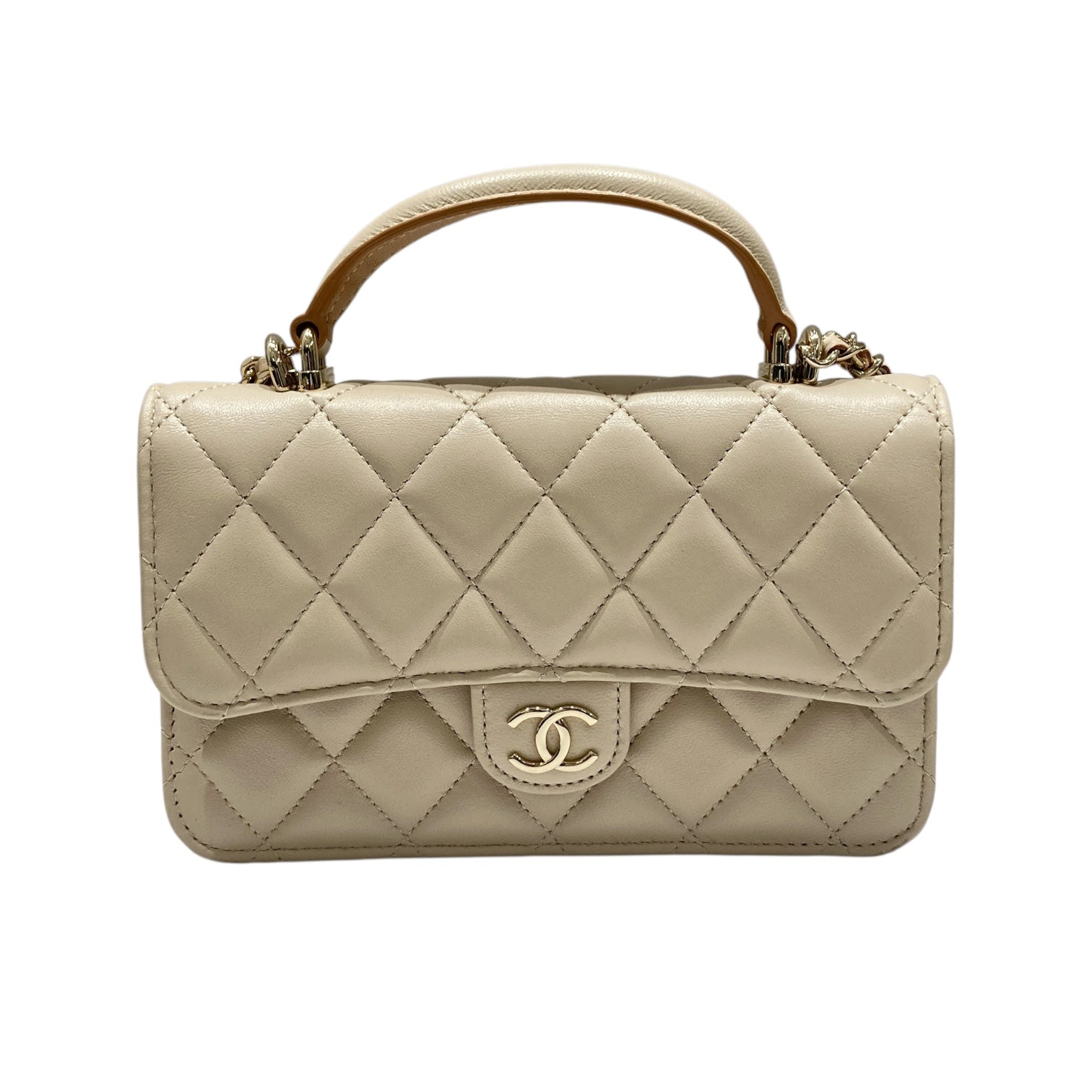 CHANEL 香奈兒 AS2431 MINI CLASSIC FLAP BAG WITH HANDLE 迷你手提翻蓋包 羊皮 淺米色 淺金釦