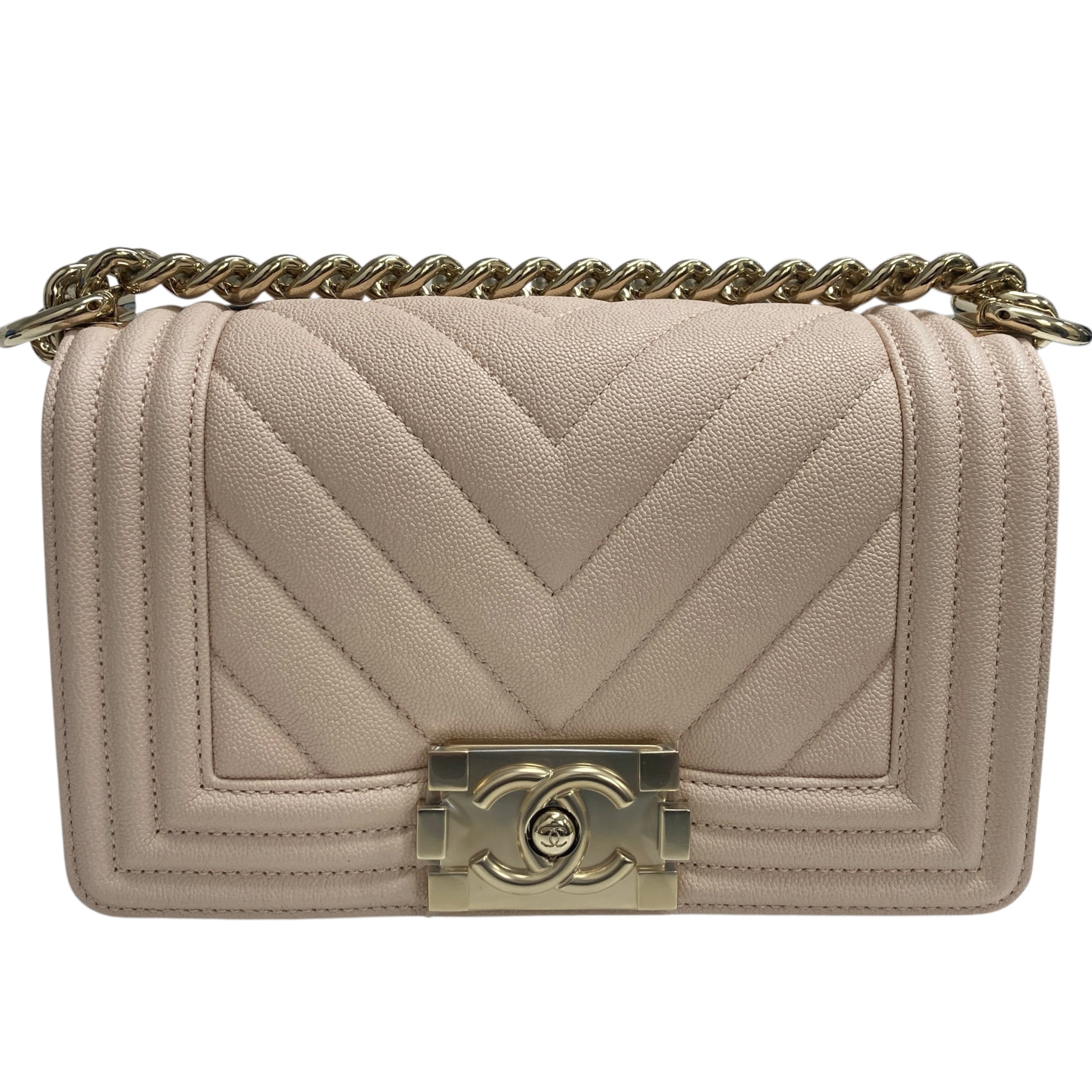 CHANEL 香奈兒 SMALL BOY BAG 淡粉色 小牛皮 金釦