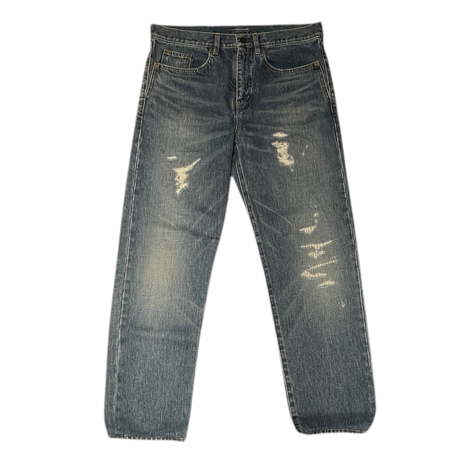 SAINT LAURENT 聖羅蘭 刷破造型牛仔褲 純棉 藍色 M