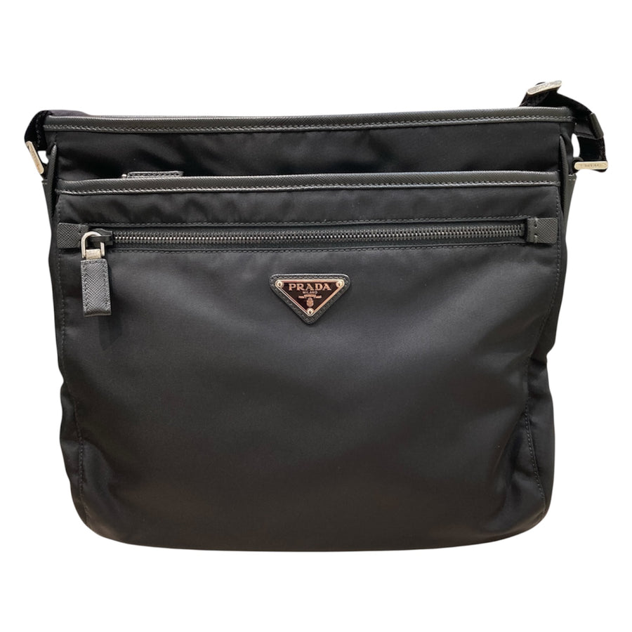 PRADA 普拉達 2VH118 RE-NYLON及SAFFIANO肩背帶 斜背包 再生尼龍 黑色 銀釦