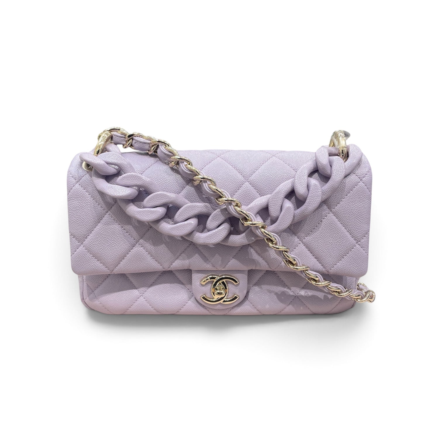 CHANEL 香奈兒 FUNKY MATCH 兩用釦蓋包 荔枝牛皮 粉紫色 金釦