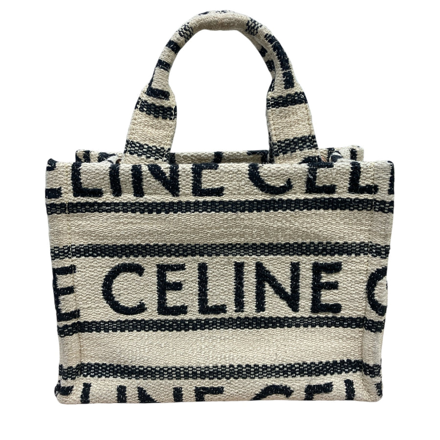 CELINE 思琳 CABAS THAIS SMALL 緹花條紋布料托特包 帆布 米色 金釦