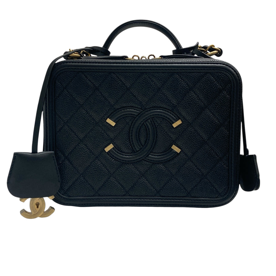 CHANEL 香奈兒 CC FILIGREE VANITY CASE 黑色荔枝紋牛皮 金釦