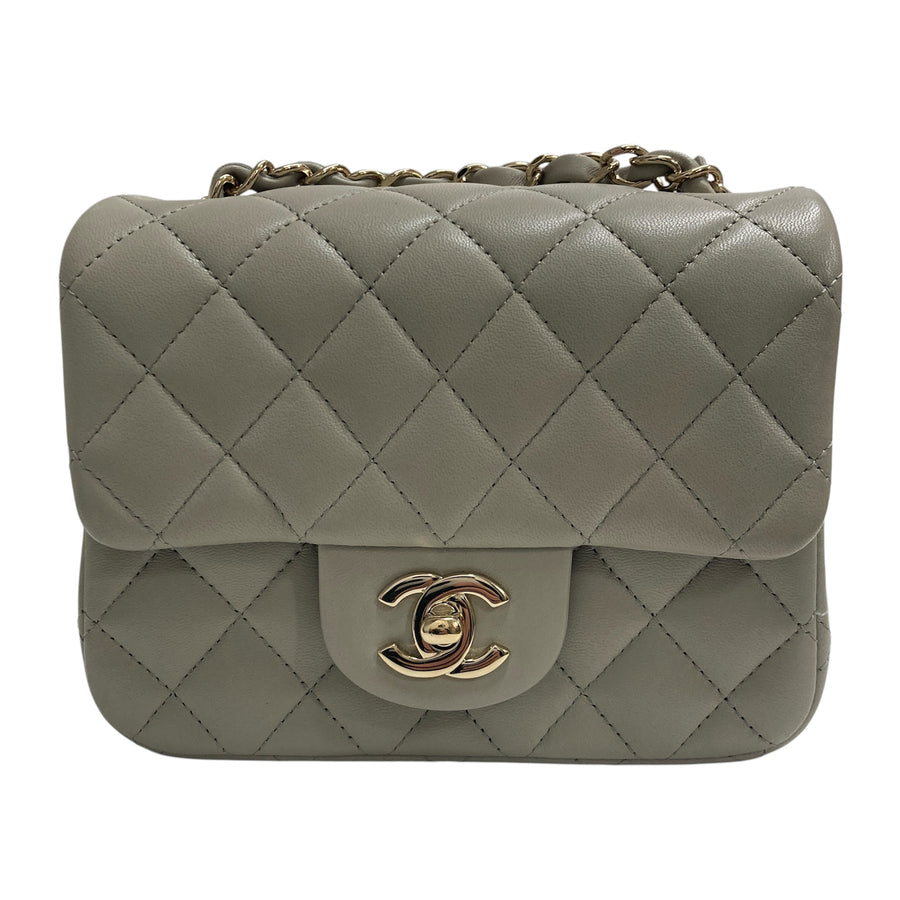 CHANEL 香奈兒 MINI SQUARE FLAP BAG 鼠尾草灰 菱格紋羊皮 銀釦