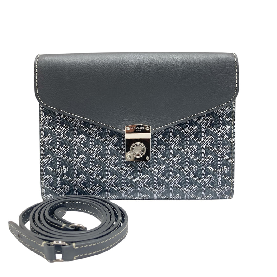 GOYARD 戈雅 CHYPRE WALLET POUCH 翻蓋信封斜背包 PVC帆布 小牛皮 灰色 銀釦