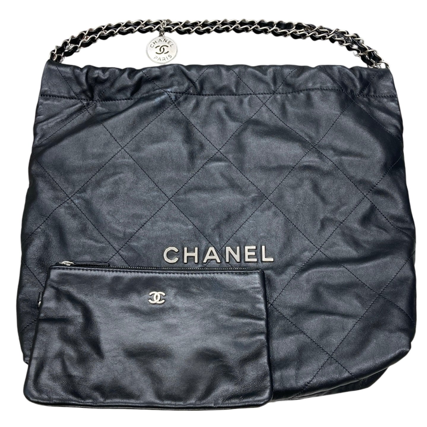 CHANEL 香奈兒 AS3261 22MINI BAG 米你流浪肩背包 小牛皮 黑色 銀釦