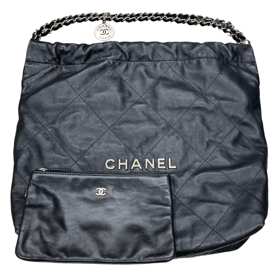 CHANEL 香奈兒 AS3261 22MINI BAG 米你流浪肩背包 小牛皮 黑色 銀釦