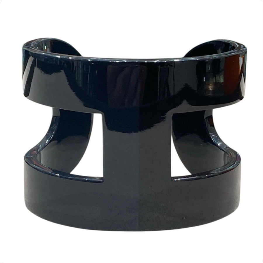 HERMES 愛馬仕 ANO CUFF BANGLE PM 漆藝寬版手環 小號 水牛角 深藍/棕色