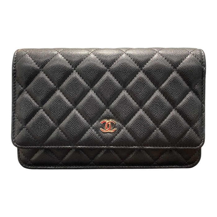 CHANEL 香奈兒 AP0250 WOC 經典雙C LOGO鍊條斜背包 荔枝牛皮 黑色 金扣
