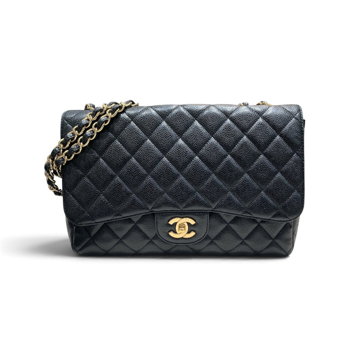 CHANEL 香奈兒 MATELASSE JUMBO CF30 單層口蓋包 荔枝牛皮 黑色 金釦