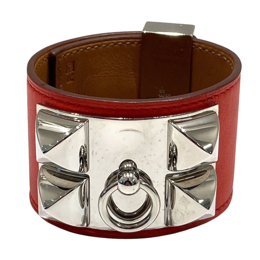 HERMES 愛馬仕 COLLIER DE CHIEN BRACELET CDC手環 皮革 紅色 銀釦 #S