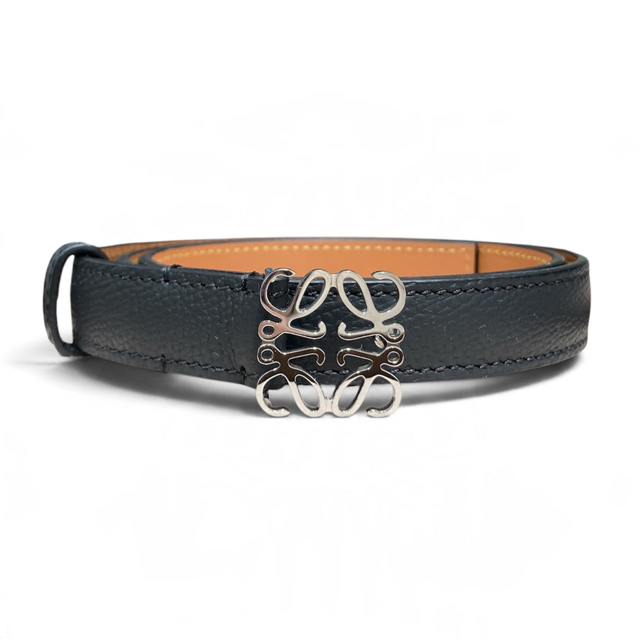 LOEWE 羅威 ANAGRAM BLET 窄版皮帶 皮革 黑色/棕色 銀釦 75/30