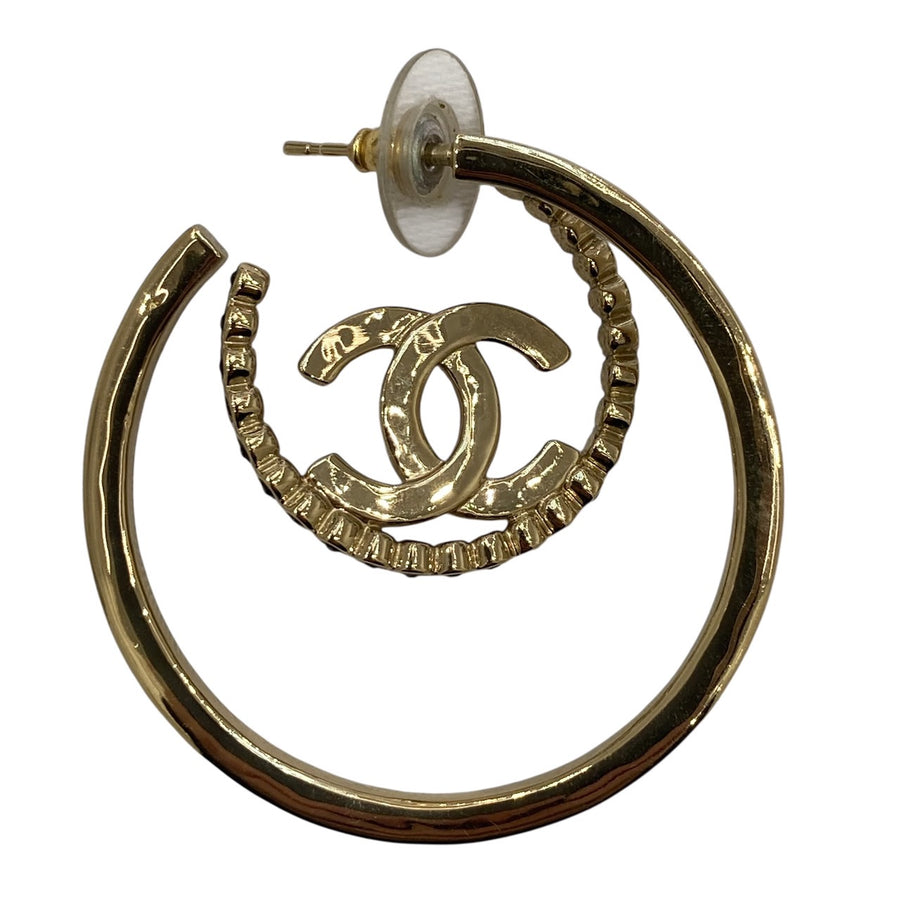 CHANEL 香奈兒 雙C雙圈耳環 合金 電鍍 淡金色