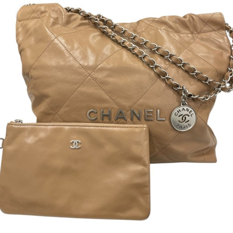 CHANEL 香奈兒 22托特包 小號 垃圾袋 油蠟皮 奶茶色 銀釦