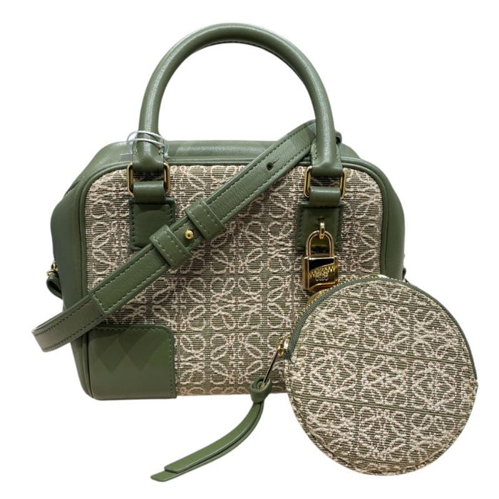 LOEWE 羅威 AMAZONA 19 方形包 刺繡帆布 綠色 金釦