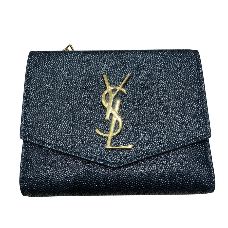 SAINT LAURENT 聖羅蘭 582296 UPTOWN SHORT WALLET 荔枝皮革 短夾 中夾 黑色 金色